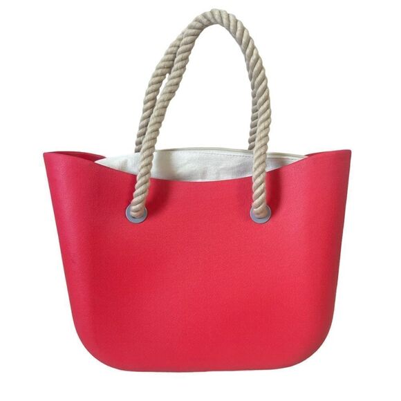 Beach Tote Red Rubber Canvas Lined Tote bag with braided rope handle - Picture 1 of 13